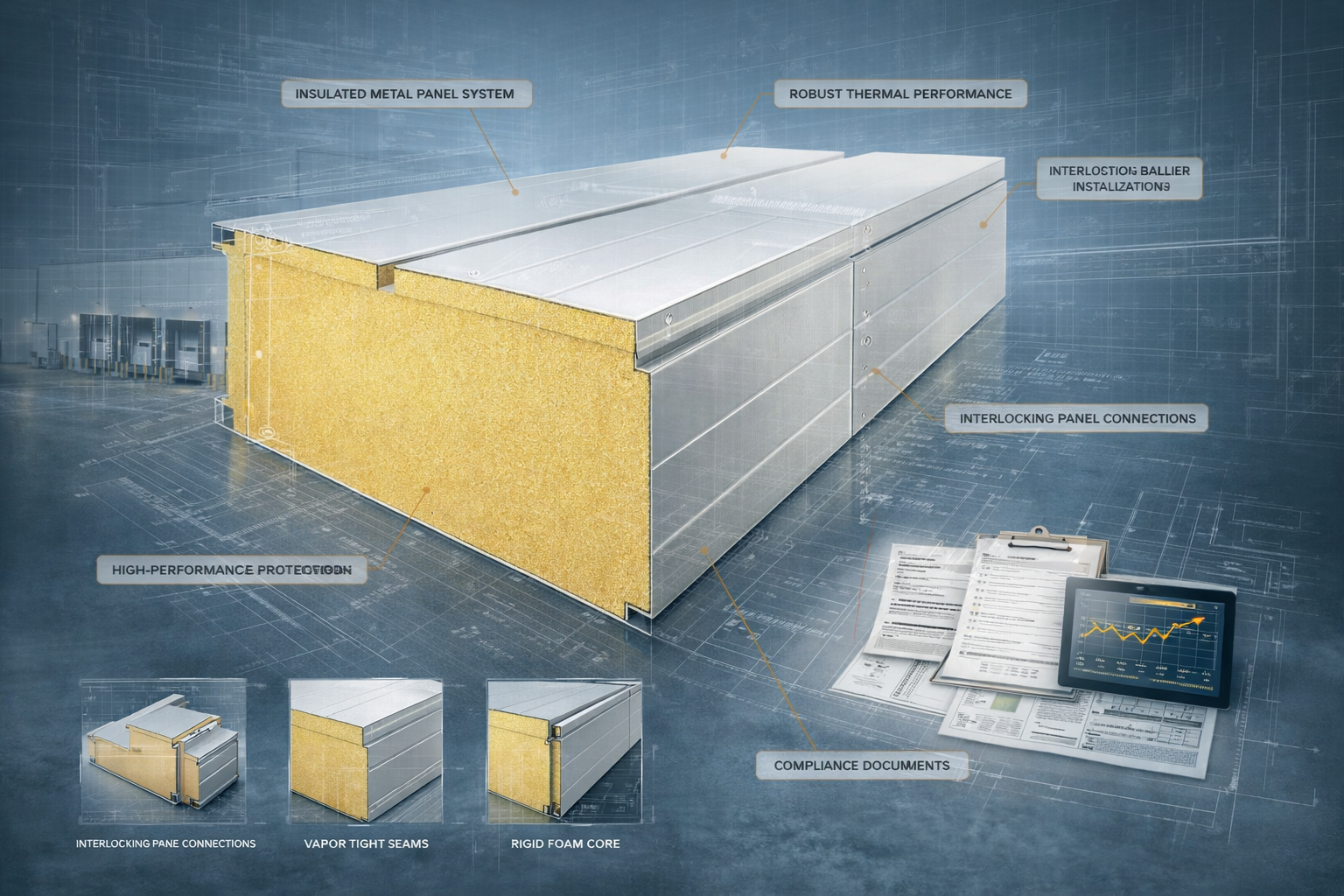 Insulated panel installation underway inside a cold-room construction project
